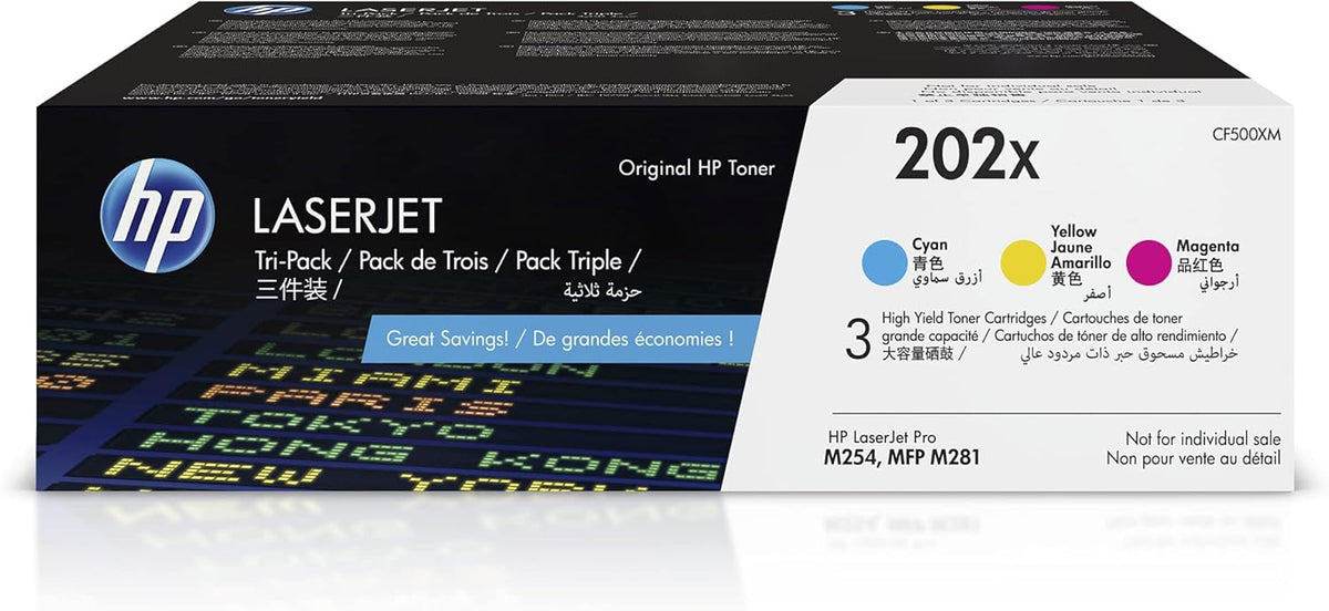 HP 202X Cyan, Magenta, Yellow High-yield Toner Cartridges (3-pack) | Works with HP Color LaserJet Pro M254, HP Color LaserJet Pro MFP M281 Series | CF500XM