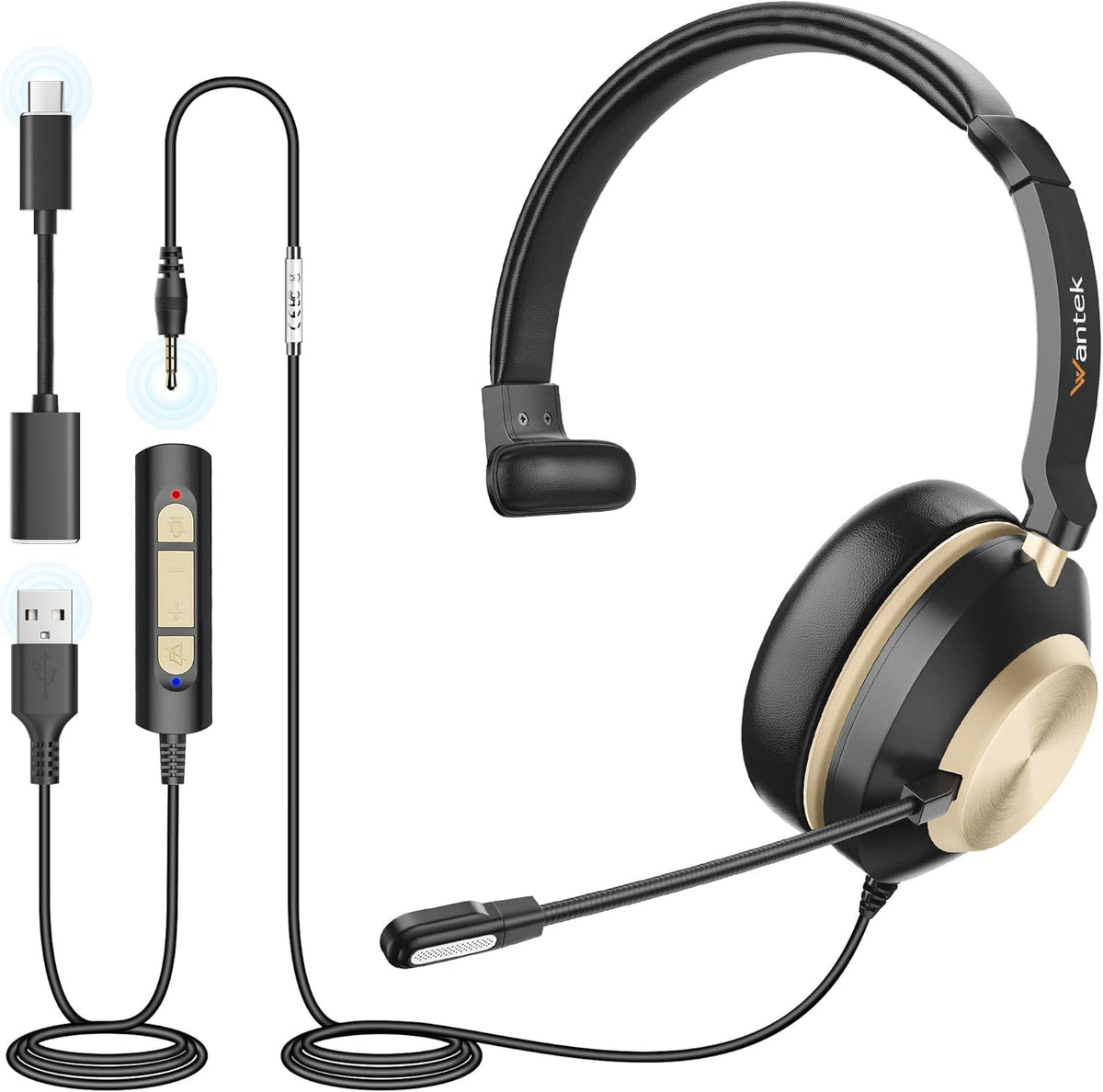 Wantek USB Headset with Microphone, Type-c/USB/3.5mm Jack 3-in-1 PC Headsets, Single Ear (Monaural) Headsets with Noise Cancelling and Volume Control for Call Centers, Skype, Zoom, Office,Business