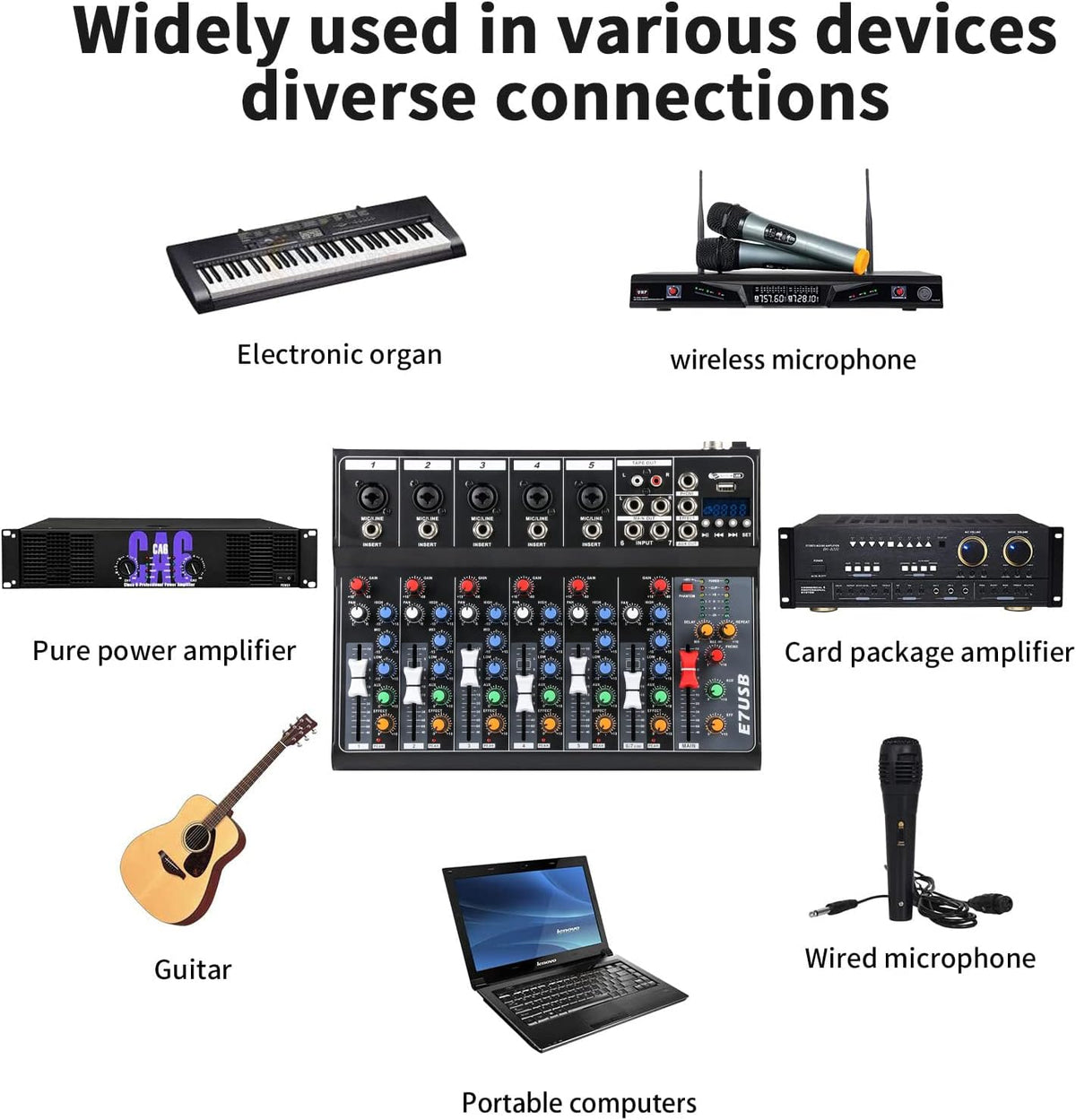 Dj Mixers 7 Channel Audio Mixer Sound Board with Bluetooth, Usb Audio Interface with 48V Phantom Power Sounds Mixer Board with FX Reverb Delay Effect for Streaming