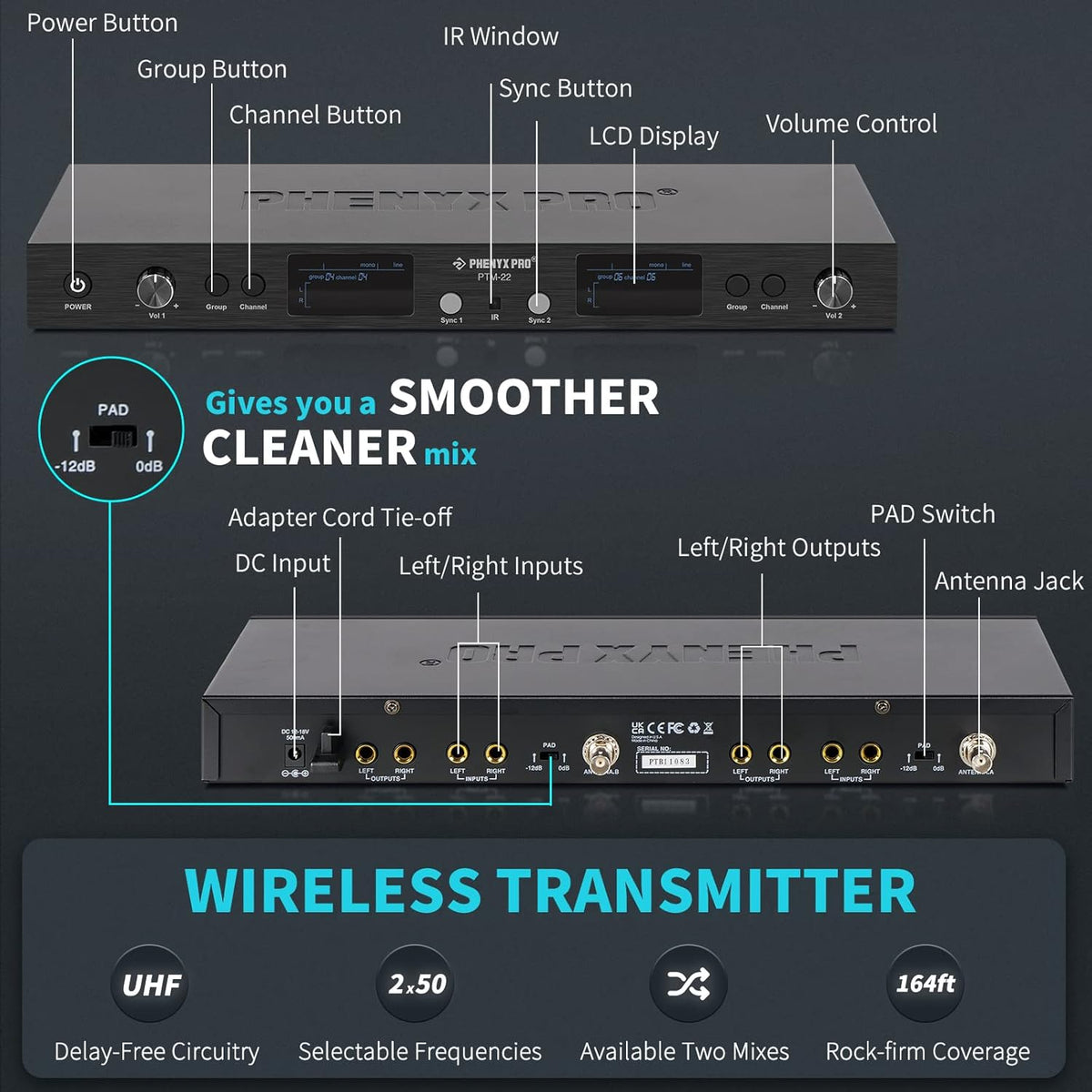 Phenyx Pro in Ear Monitor for Musicians, UHF Wireless in-Ear Monitors System, Mono 2-Channel IEM, Metal Stage Monitor w/ 2x50 Frequencies, 164ft Long Coverage, Rack Mount Kit (PTM-22, 4 Bodypacks)