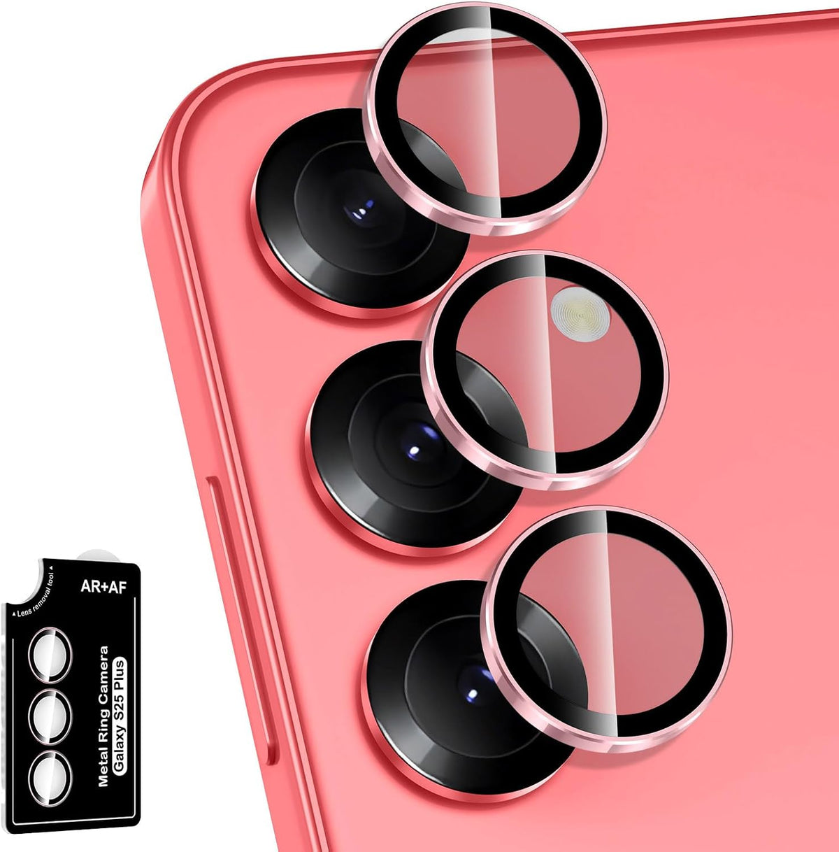for Samsung Galaxy S25 Plus Camera Lens Protector, Individual Metal Ring Tempered Glass Lens Cover, [Strong Adsorption] Scratch Resistant Ultra-Thin HD Clear Lens Cover, 1 Set-Pink Ring