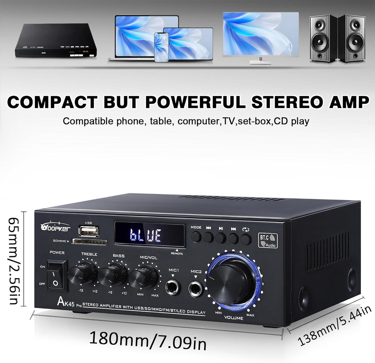 AK45Pro Stereo Receivers Amplifier Home Audio with Bluetooth 5.3, 400W,2.0 Channel Power Stereo Amplifier with USB,SD,RCA,FM,2MIC in for Home Theater Speakers,Home Amplifier with Remote Control