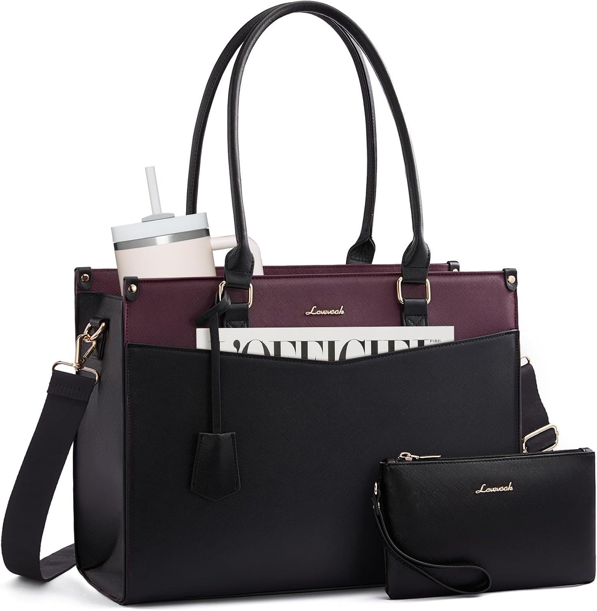 2-in-1 LOVEVOOK Laptop Bag for Women, Tote Purse with Clutch & Cup Holder, Waterproof Briefcase for Work Travel