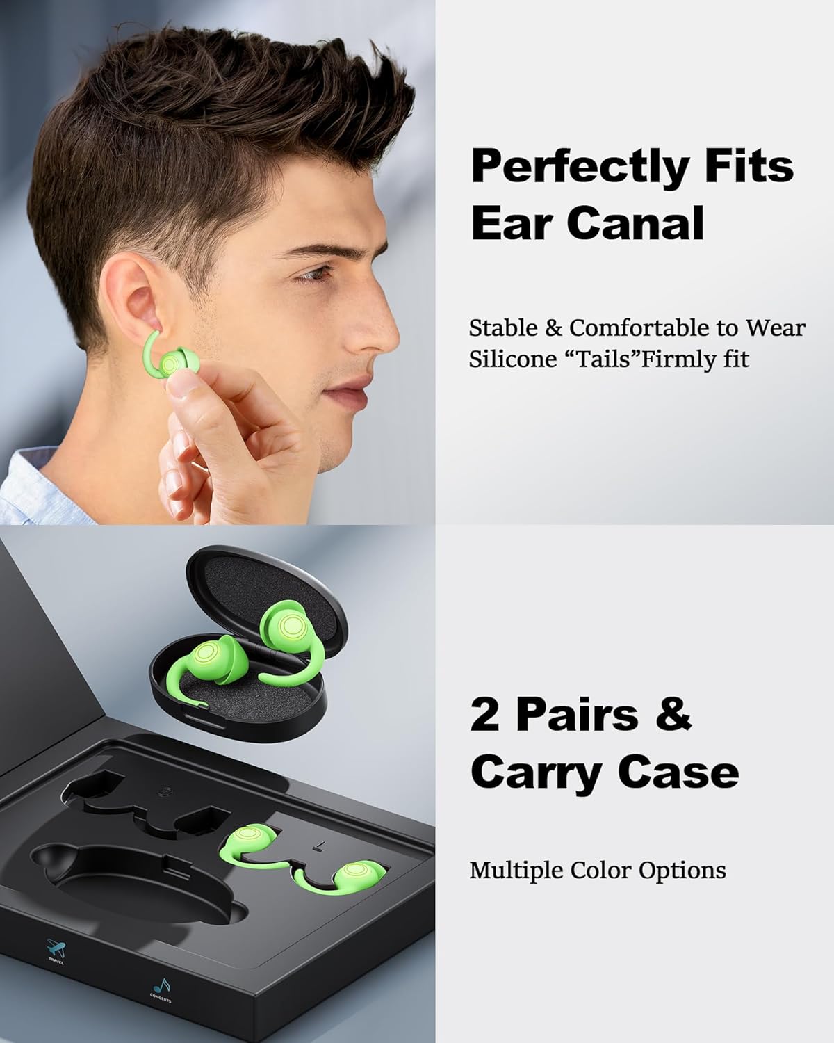 Ear Plugs for Sleeping - Noise Reduction Soft Silicone Earplugs, 2 Pairs Reusable Hearing Protection Earplugs for Noise Sensitivity, Sleep,Travel,Sound Reduction Noise Cancelling - Green