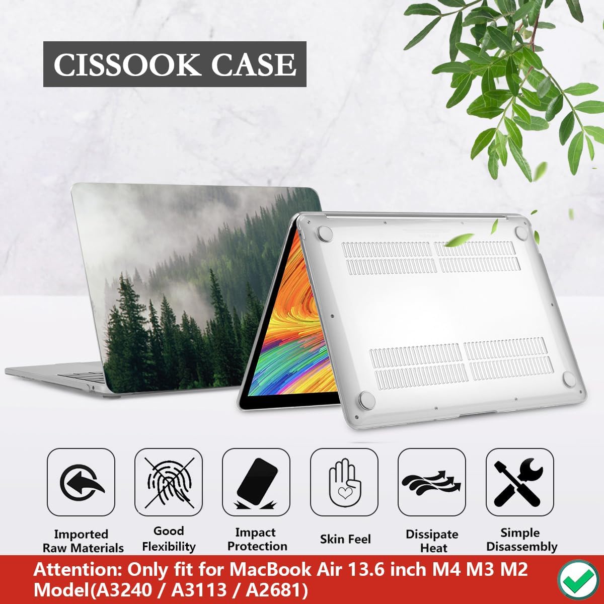 CISSOOK Compatible with MacBook Air 13.6 inch Case A3240 A3113 A2681 2025 2024 2022 Release, Forest Hard Shell Case with Keyboard Cover Type C to USB Transfer for MacBook Air 13.6 M2 M3 M4, Forest