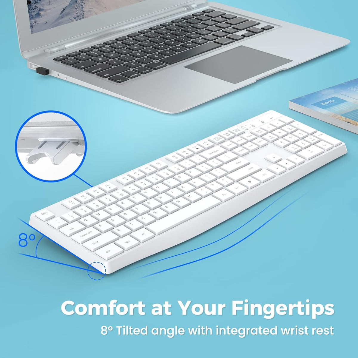 Lovaky Wireless Keyboard, 2.4G Ergonomic Wireless Computer Keyboard, Enlarged Indicator Light, Full Size PC Keyboard with Numeric Keypad for Laptop, Desktop, Surface, Chromebook, Notebook, Snow White