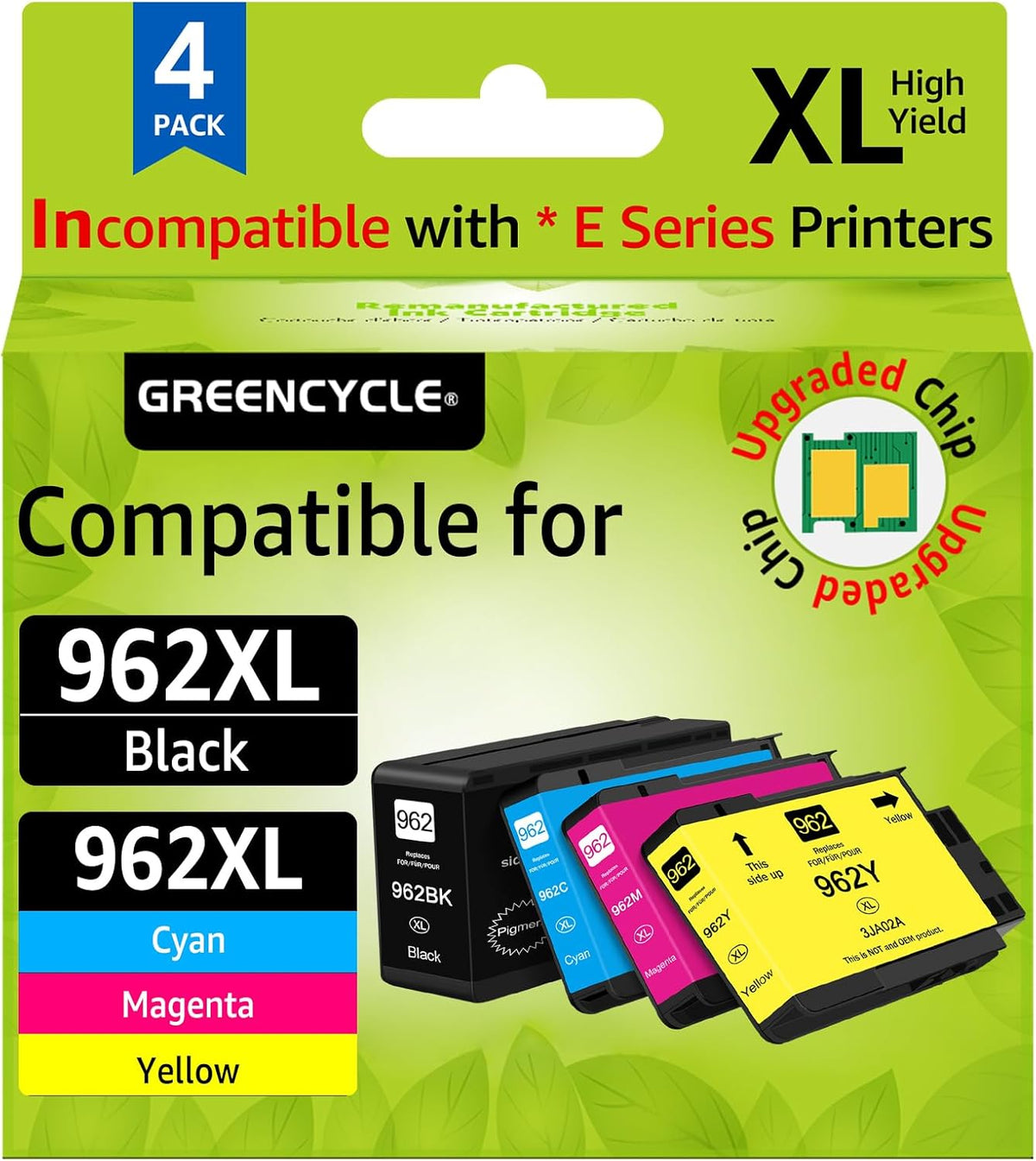 Upgraded 962XL Ink Cartridges Combo Pack Replacement for HP 962XL 962 XL High Yield Black & Color Ink Cartridge Set Work for HP OfficeJet Pro 9010, 9020 Series Printer (1BK/1C/1M/1Y, 4 Pack)