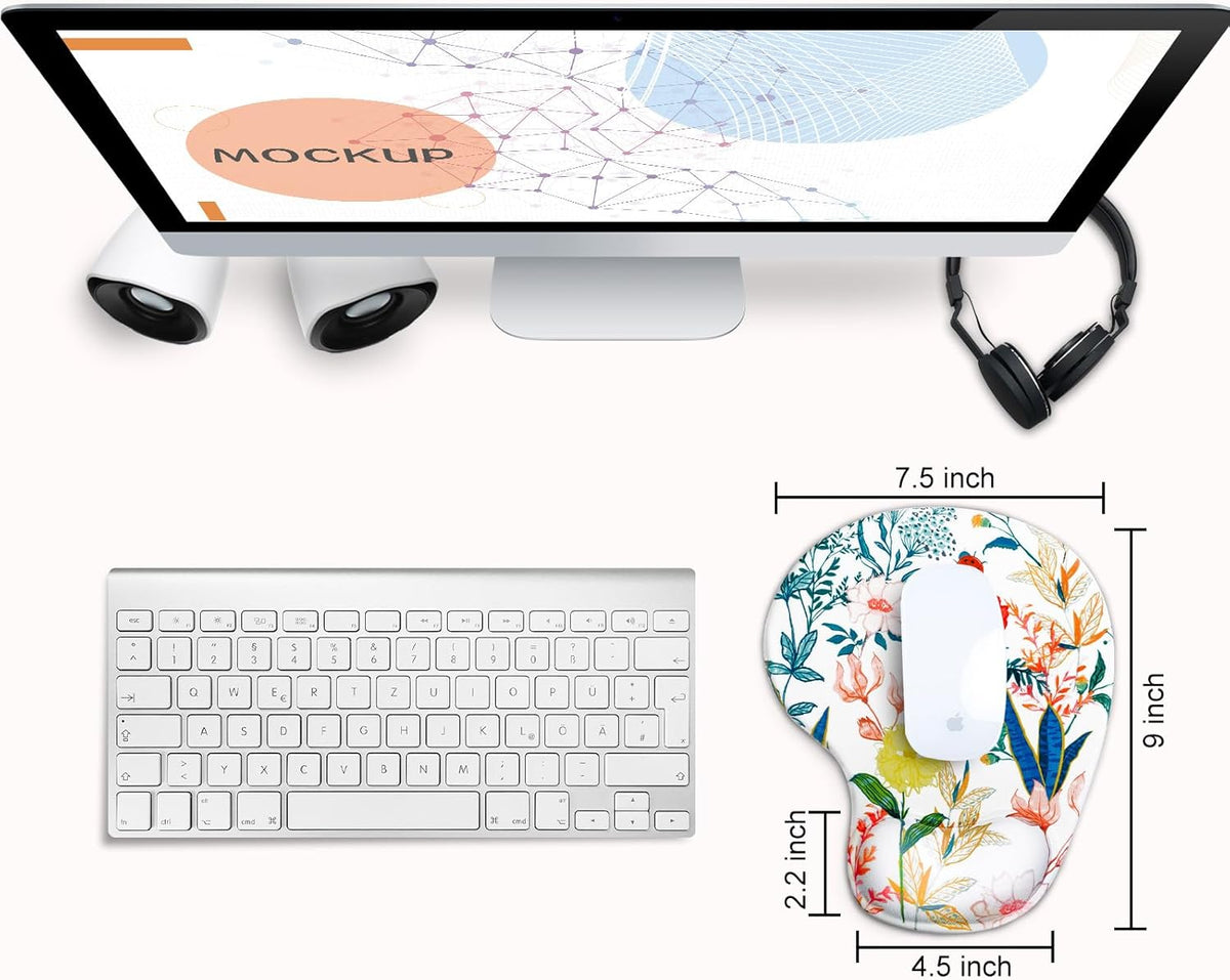 JIKIOU Mouse Pad, 2 Pack Ergonomic Mouse Pads with Comfortable Gel Wrist Rest Support and Smooth Cloth, Non-Slip PU Base for Easy Typing Pain Relief Durable and Easy to Clean Small White Flowers