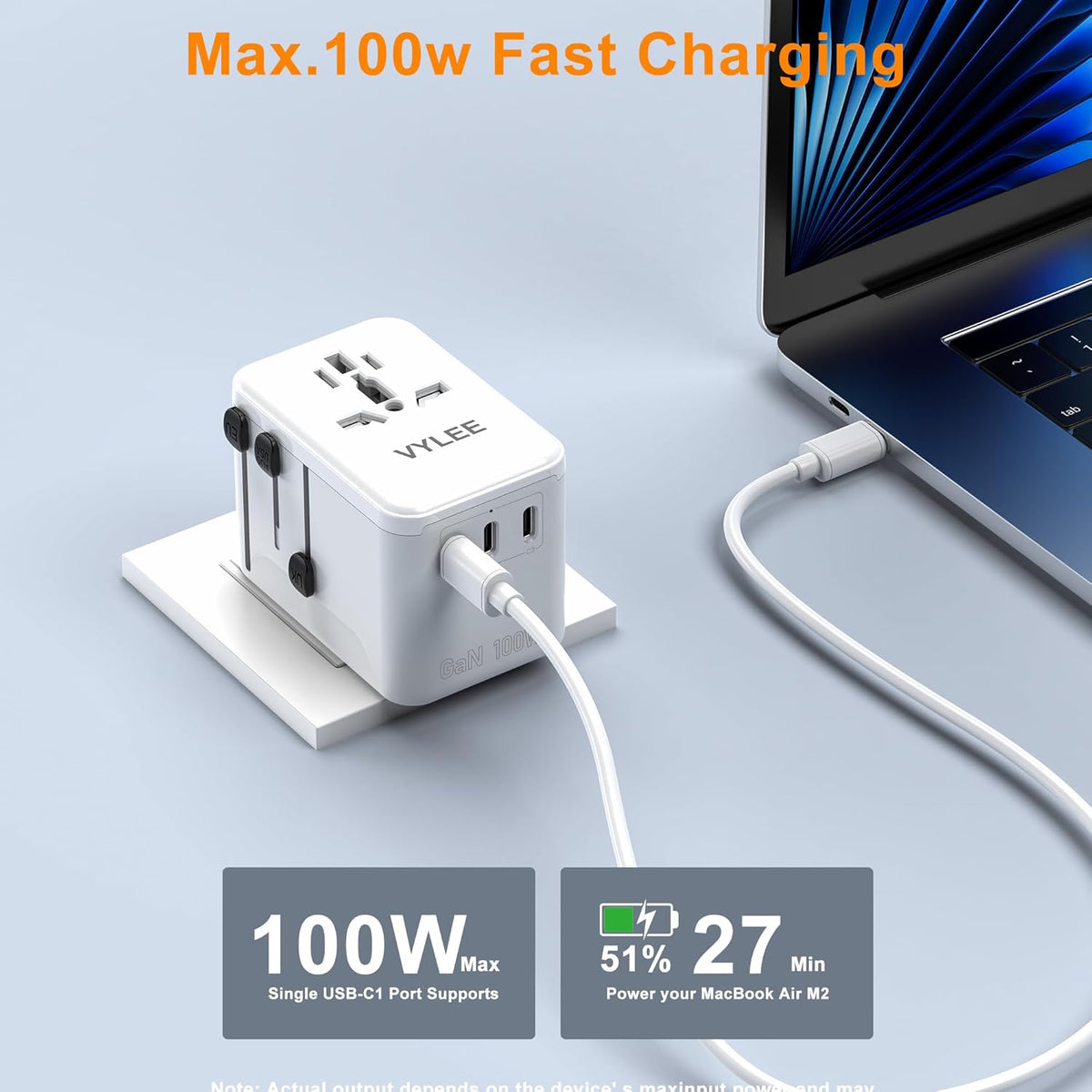 PD100W GaN Universal Travel Adapter, International Power Adapter in One, 3 USB C & 1 USB A & AC Outlet, Travel Adapter Worldwide Plug Adapter with USA EU UK AUS Plugs for Laptops,Tablets,Phones
