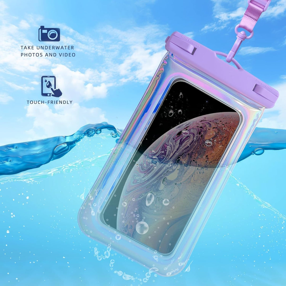 Floatable Waterproof Phone Pouch Case for iPhone 16 Pro Max/15/14/13/12, IP68 Travel Cellphone Dry Bag Beach Cruise Ship Essentials Bags with Crossbody Lanyard, Iridescent Purple-7″2 Pax