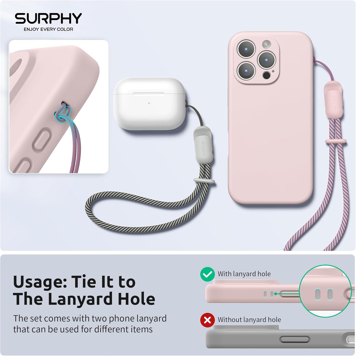 SURPHY 2 Pack Phone Lanyard for Cellphone Case, Phone Wrist Strap for Case, Cellphone Strap with 2-Color Braided, Charm Wrist Lanyard for Women and Men, Pink & Gray