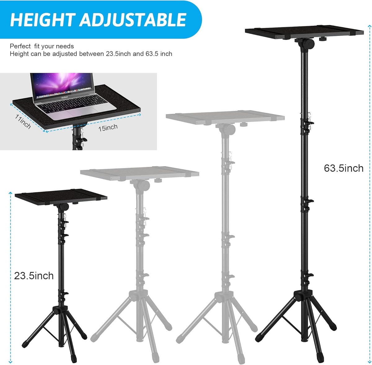 Projector Stand Tripod, Laptop Tripod Stand Adjustable Height from 23.5 to 63.5 inches with Gooseneck Phone Holder, Laptop Floor Stand for Office, Home, Stage, Studio, DJ Racks Holder Mount