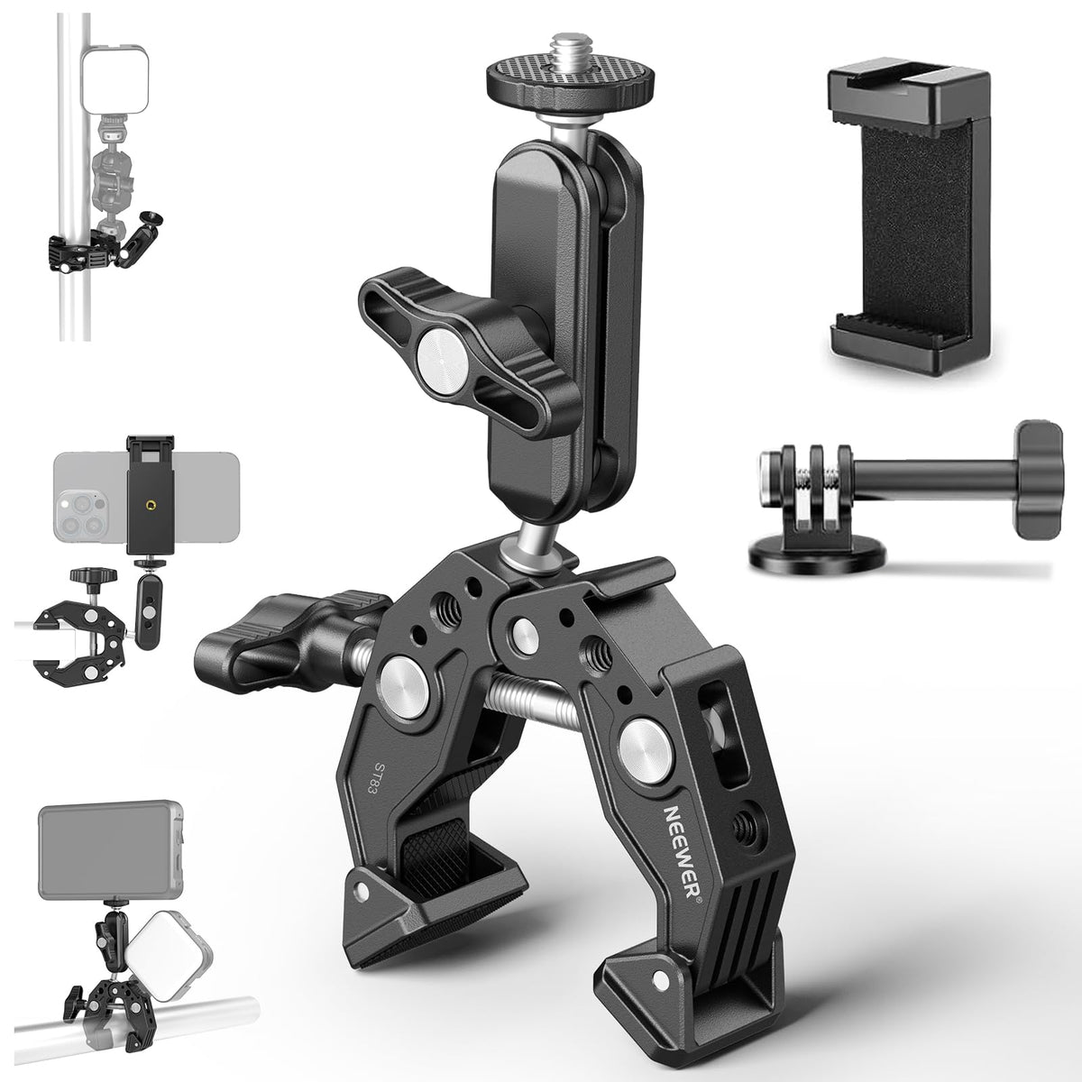 NEEWER Super Clamp with 3" Dual Ballhead Magic Arm, Cold Shoe, 1/4" Threads, Phone/Action Camera Mount Adapter for Desk Tripod Tube Crossbar Gimbal Rods Compatible with SmallRig GoPro DJI, ST83