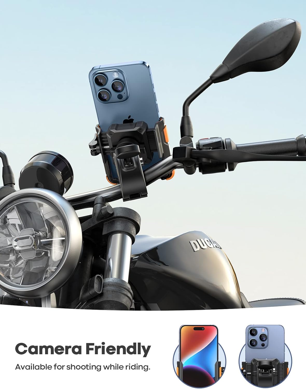 Lamicall Motorcycle Phone Mount Holder - [Camera Friendly] [1s Lock] Bike Phone Holder Handlebar Clamp, Bicycle Scooter Phone Clip, for iPhone 16 Pro Max, 15 14 13, Galaxy, 4.7-7" Phones, Orange