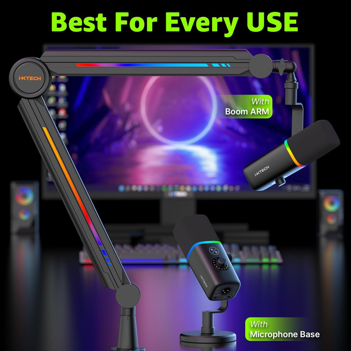 IXTECH Gaming USB Microphone for PC, Noise Cancellation Condenser Mic for Podcasts and Video Streaming with Tripod Stand, Pop Filter, Shock Mount, Gain Control, RGB Lights, Quiet Mute Button (Black)