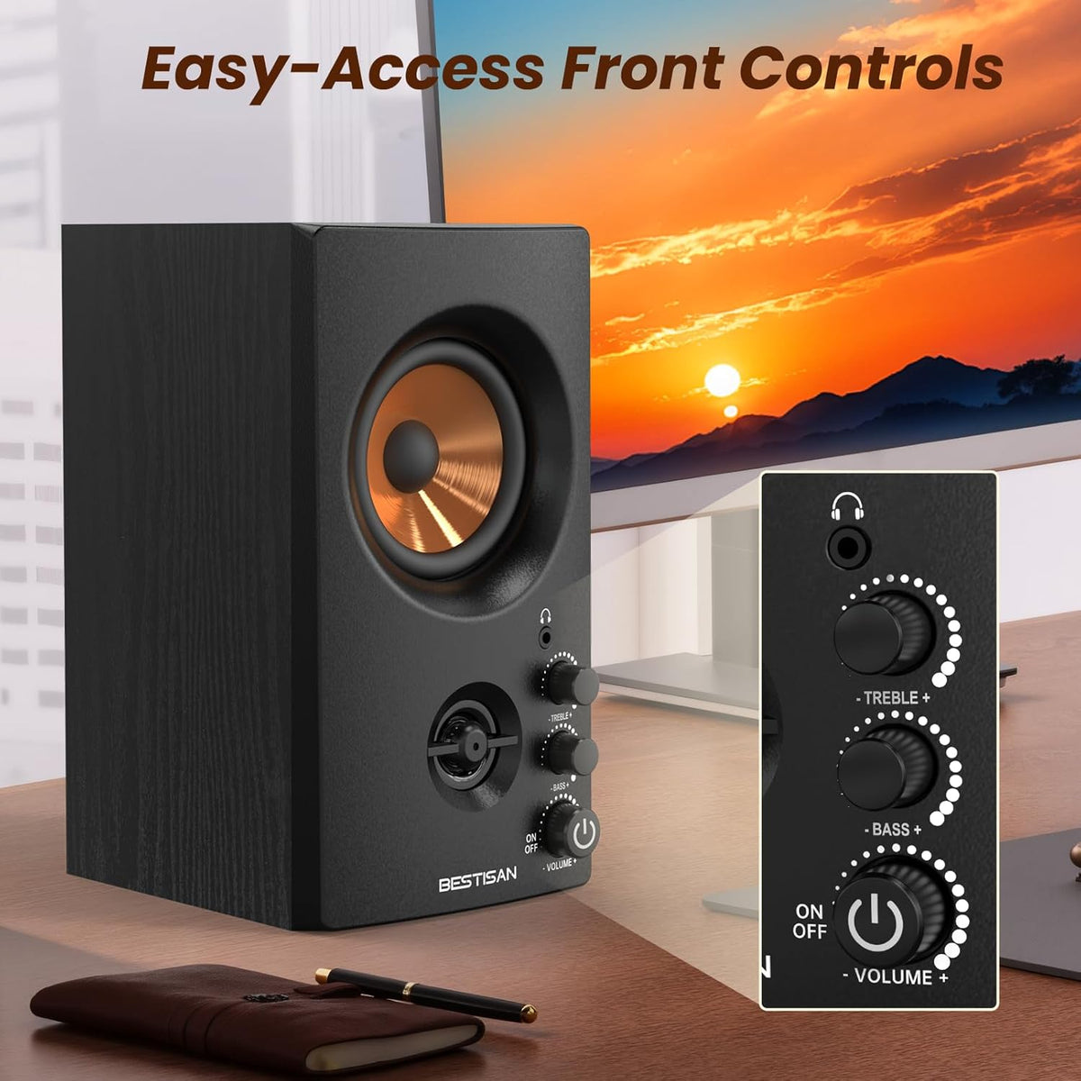BESTISAN Active Bookshelf Speakers, 50W BT Home Speakers, 3’’ Woofer, 1’’ Silk Dome Tweeter PC Speakers, RCA Speakers for Desktop/Turntable/TV, Bass & Treble Adjustable, Headphone Port for Gaming