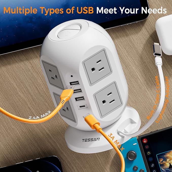 TESSAN Tower Surge Protector Power Strip 10 ft, Long Flat Extension Cord
