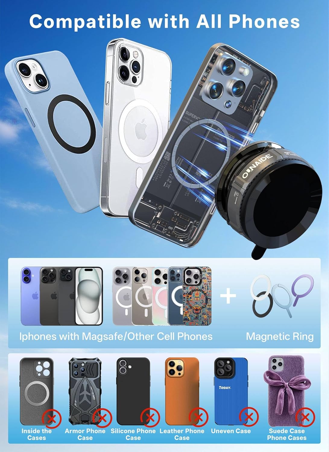 Magnetic Phone Holder For Car,360°Vacuum Magnetic Car Phone Holder,Car Phone Mount Adjustable Cell Phone Holder Enhanced Vacuum Suction Cup Car Accessories for iphone 16e 15 14 Android (Silver Black)