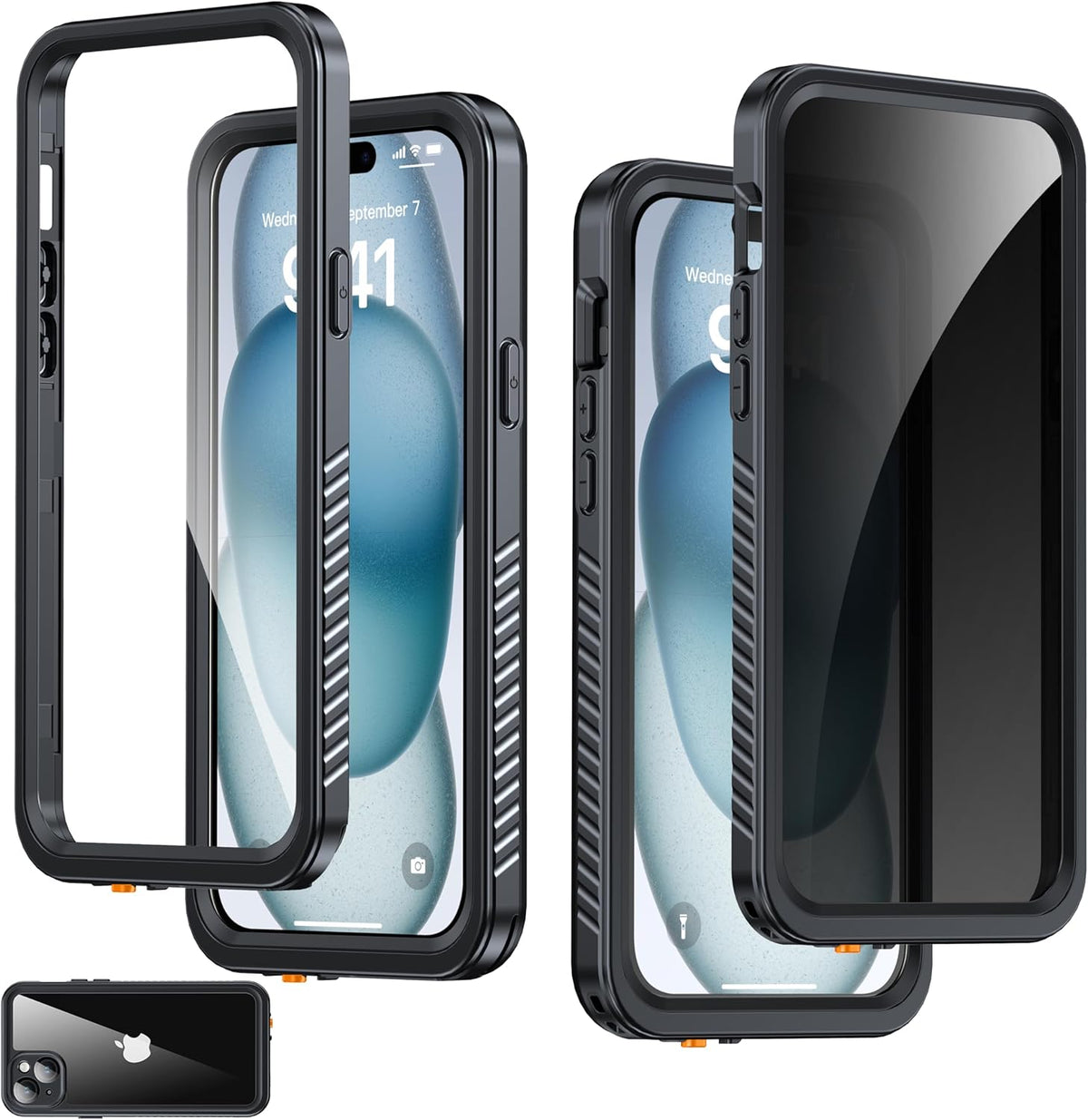 for iPhone 15 Plus Case Waterproof - Built-in Privacy Screen Protector & HD Screen Protector [IP68 Underwater] Shockproof Dustproof Full Body Protection iPhone 15 Plus Phone Case Black