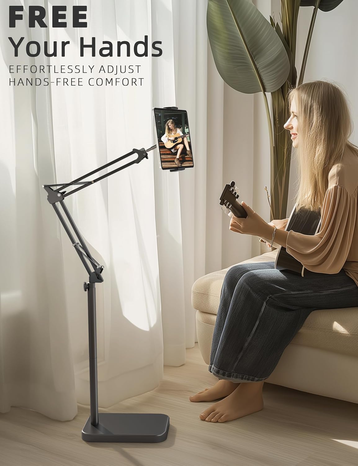Tablet Floor Stand with 11lb Stable Base - Adjustable Height Stretchable Arm Swivel Holder Mount, Compatible with iPad Pro Air Mini 12.9/9.7, Kindle, Galaxy Tab, Cell Phones (4.7''-13'')