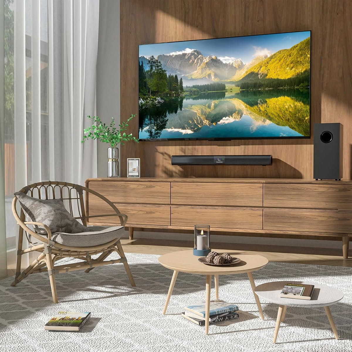 Saiyin Sound Bar for Smart TV with 5.25 Inch Subwoofer, 100W 24 Inch Soundbar for TV, TV Soundbar with Optical, ARC, AUX and Bluetooth 5.3 Inputs, Detachable Surround Sound System for TV