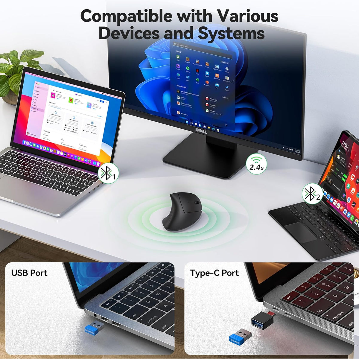 TECKNET Ergonomic Mouse, Jiggler Bluetooth Wireless Vertical Mouse, 4800 DPI Silent Mouse with 6 Adjustable DPI Levels, 2.4GHz (USB A & C) Mouse, 6 Buttons Computer Mice - Wide Compatibility