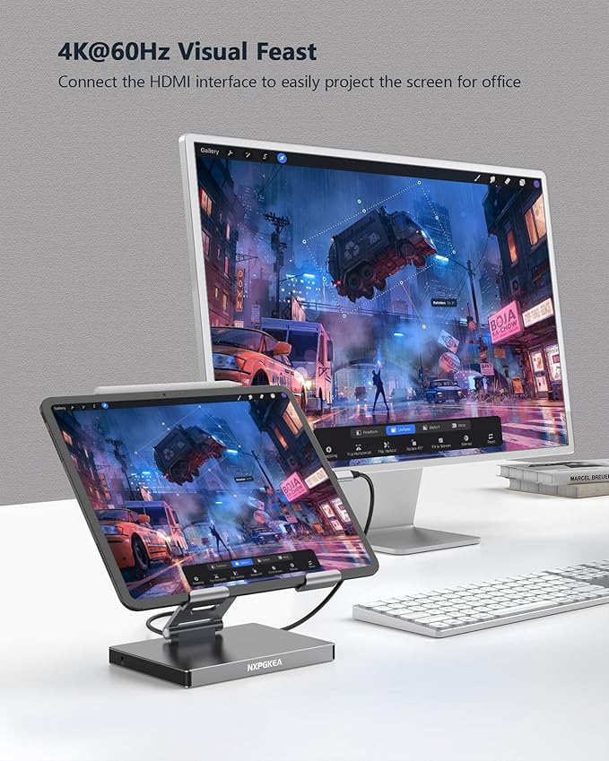 iPad Pro USB C Hub Stand Multiport Adapter for iPad Pro M4 M3 M2 M1 13 12.9 11 Inch iPad Air Docking Station Foldable 4K 60Hz HDMI PD Charging SD/TF Card Reader 3 USB 3.0 3.5mm Audio
