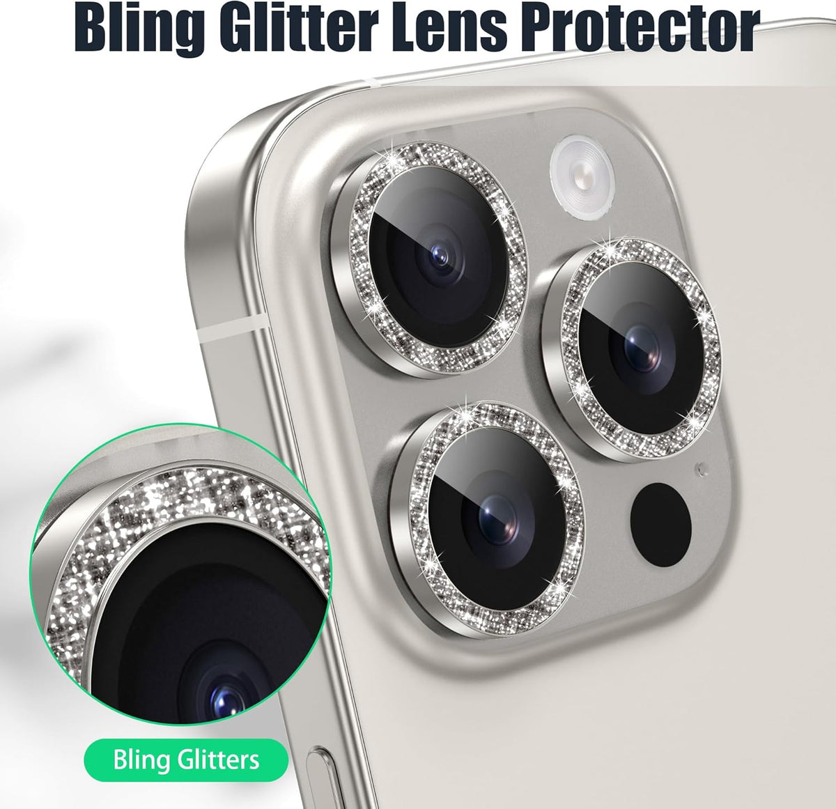 AGVEE 3+3 6 Pack for iPhone 16 Pro 6.3" / 16 Pro Max 6.9" Camera Lens Cover Protector, Bling Glitter & CD-Textured Metal Ring 9H Tempered HD Glass Camera Cover Protector Film, Glitter-Natural