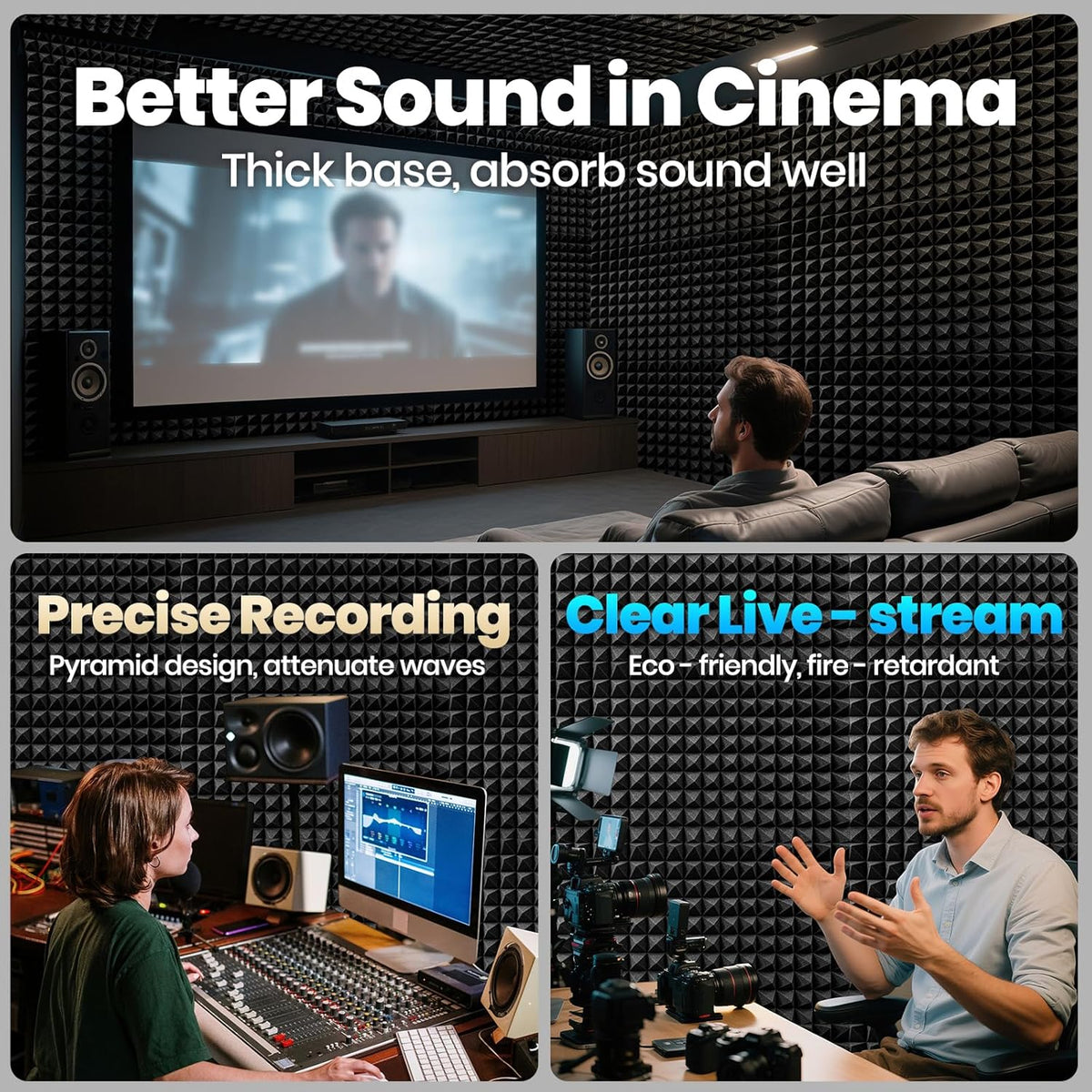Focusound Black Grey Acoustic Panels 50 Pack 2"x12"x12" with 300 PCS Double-Side Adhesive - Sound Proof Pyramid Foam for Walls, Home Studio Noise Absorption & Echo Control Kit