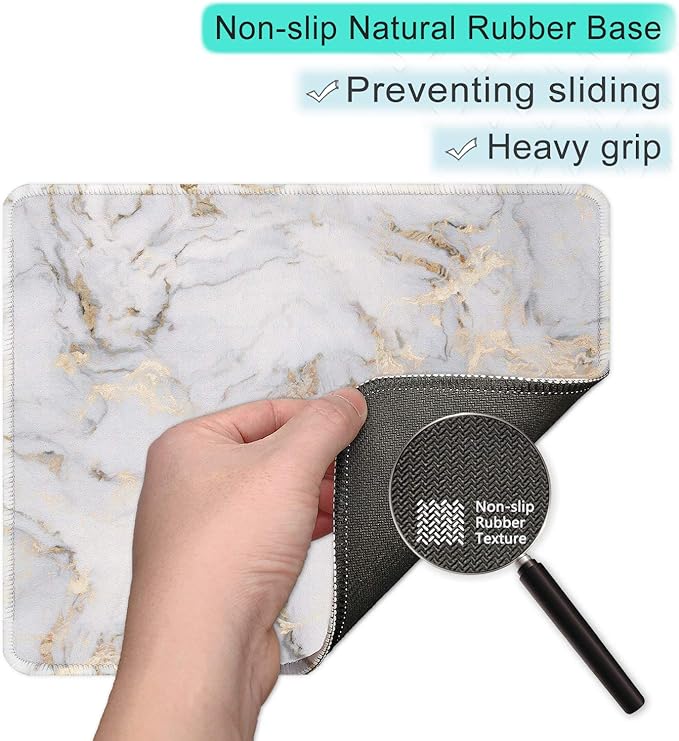 ITNRSIIET Mouse Pad with Stitched Edge Premium Textured Smooth Precise Operation Waterproof Washable Non-Slip Rubber Base Desktop Protection Mat, 10.2×8.3×0.12 inches, Gray Marbling Gold