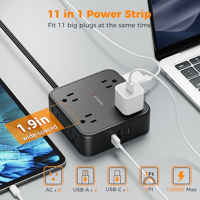 TESSAN Surge Protector Power Strip, 5 Ft Flat Plug Extension Cord with 3 USB (1 USB C) 8 Outlets, 900J Protection, 3 Sided Outlet Extender with Power Switch for Office, Dorm Room, Black
