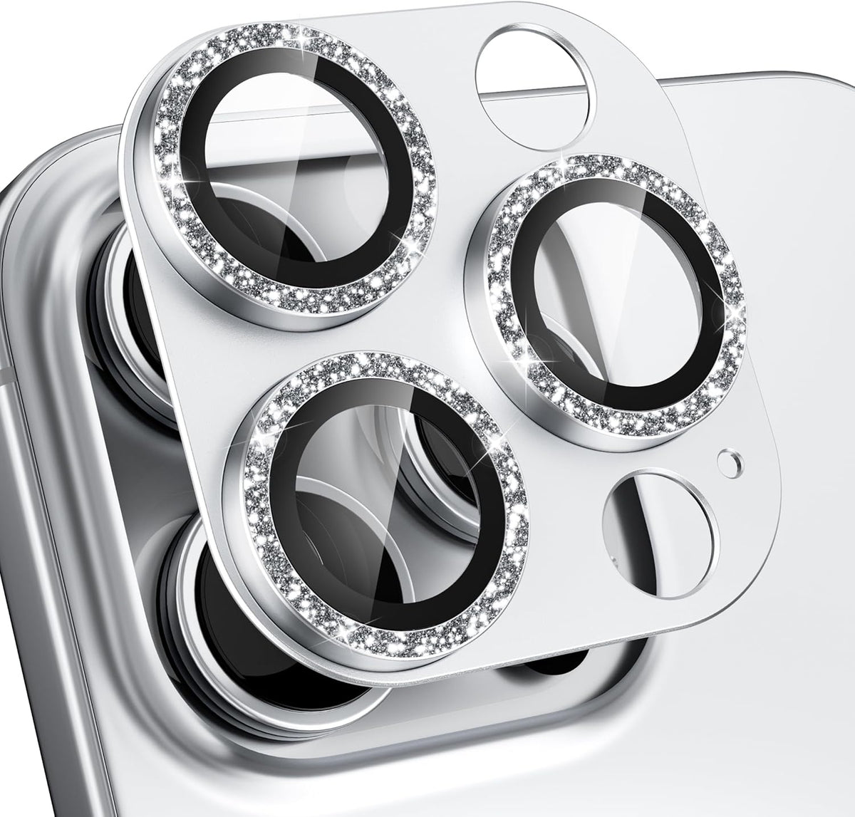 beuxece Compatible for iPhone 16 Pro/iPhone 16 Pro Max Camera Lens Protector, Bling Metal Tempered Glass Camera Screen Cover Accessories [Strong Adsorption][Case-Friendly]- Glitter Titanium Silver