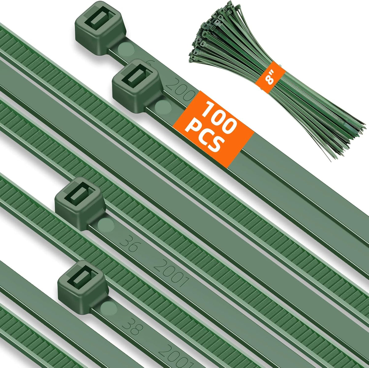 8 Inch PA66 100 3.6mm 45 Lbs, Green Zip Ties, Pcs Heavy Duty Plastic Wire Ties with Premium Self-locking Nylon Cable