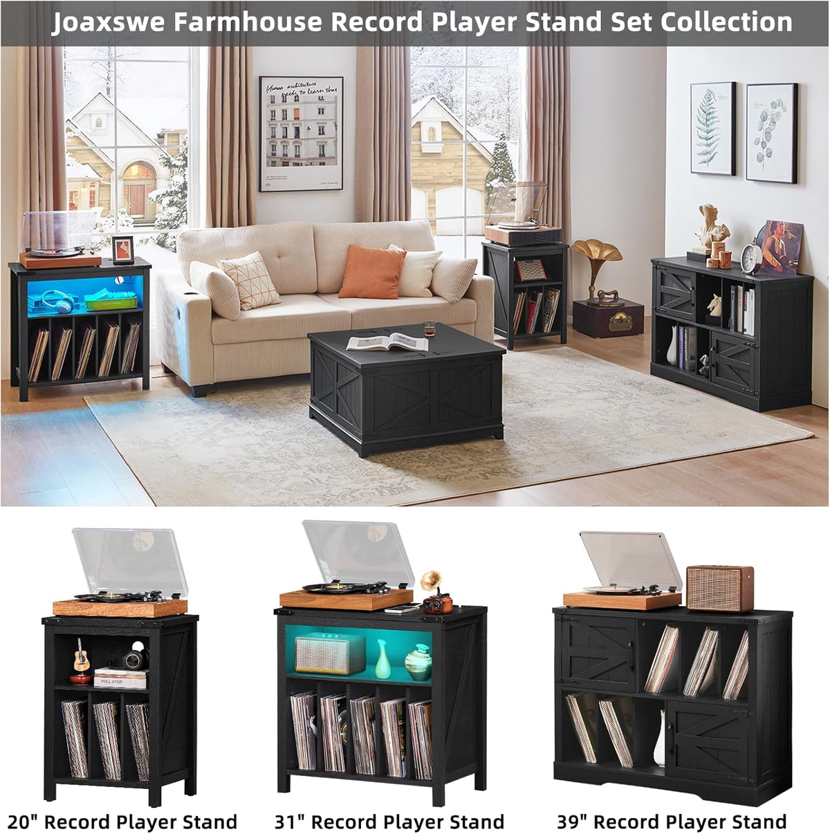Large Record Player Stand with Vinyl Storage Up to 450 Albums, 39 Inch Farmhouse Wood Black Vinyl Records Storage Cabinet with Barn Doors, Mid-Century Modern Turntable Stand for Living Room