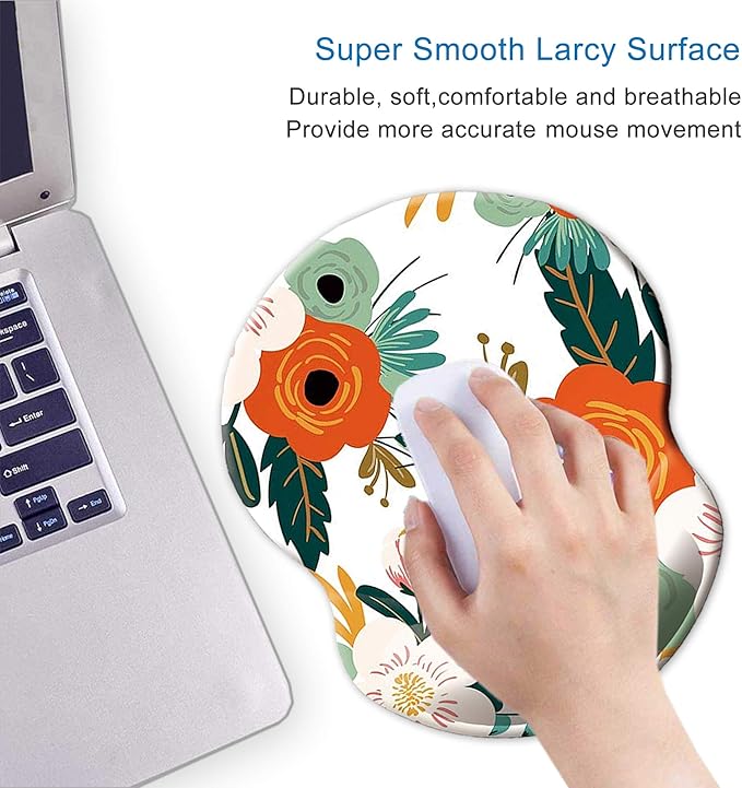 ITNRSIIET Ergonomic Mouse Pad with Gel Wrist Support Small Wrist Rest Smooth Surface Non-Slip PU Base Comfortable Office Supplies Pain Relief, 8.7 x 7.2 inches, Orange Flower