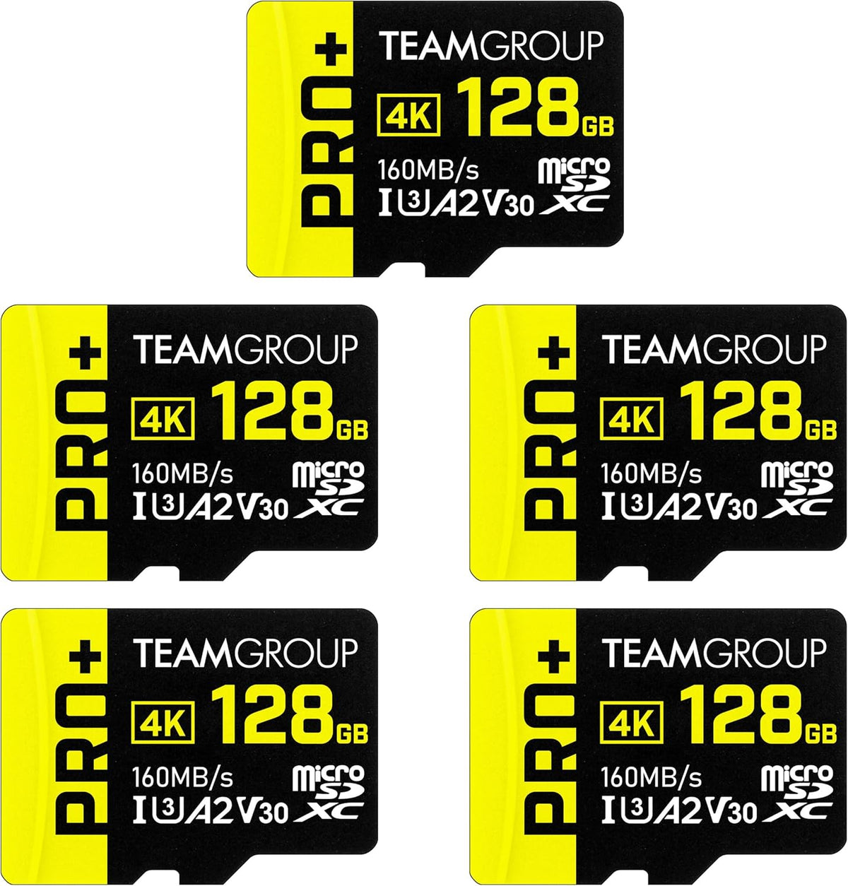 TEAMGROUP A2 Pro Plus Card 128GB x 5 Pack Micro SDXC UHS-I U3 A2 V30, R/W up to 160/110 MB/s for Nintendo-Switch, Gaming Devices, Tablets, Smartphones, 4K Shooting, with Adapter TPPMSDX128GIA2V3003