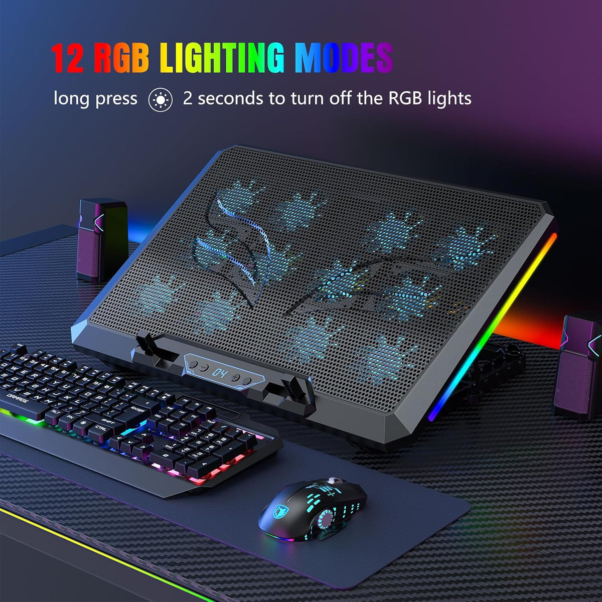 Laptop Cooling Pad with 12 Quiet Fans, Slim Portable for 12-17.3 Inch Laptop Cooler Stand, RGB Lighting, with 5 Height Adjustable, Gaming Cooling Fan Pad, USB/Type-C & Phone Holder (LCD)