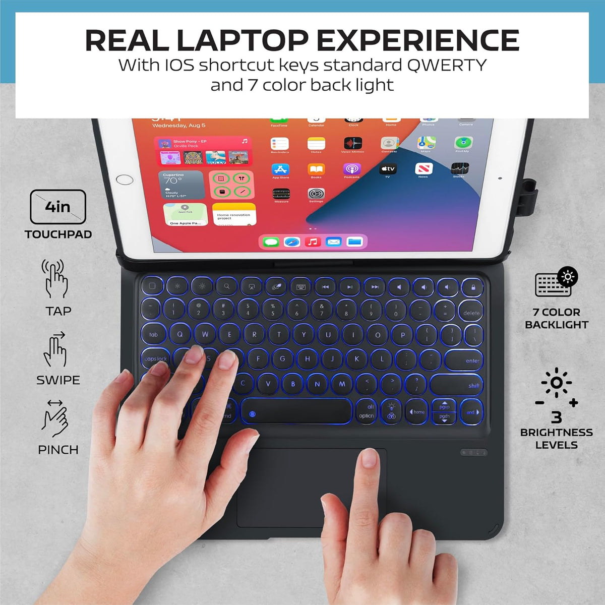 QUARK Keyboard Case for iPad Pro 9.7 inch 6th Gen / 5th Gen, 360° Rotatable Wireless Keyboard Case for iPad Air 2 & Air 1 with Multi-Touch Trackpad, Thin & Light, 7 Color Backlit (Black)