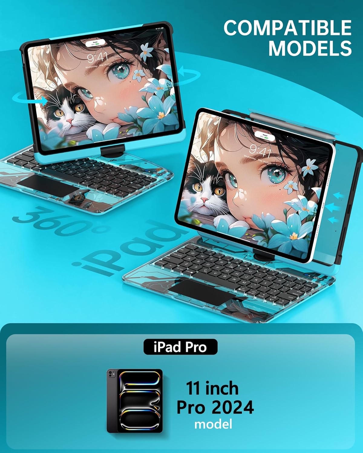 Intermerge Clear Keyboard Case for iPad Pro 11" (M4) 2024 Only, 360° Swivel Multi-Touch Trackpad, 7-Color RGB Backlit, Pencil Holder, Type-C, Power Indicator, Aqua Pulse