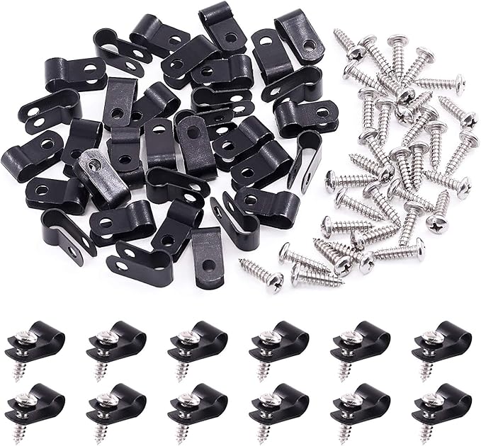 Swpeet 120 Pack Black 1/4 Inch Nylon Plastic R-Type Cable Clips Clamp Kit, Nylon Screw Mounting Cord Fastener Clips with 120 Pack Screws for Wire Management (1/4 Inch, Black)