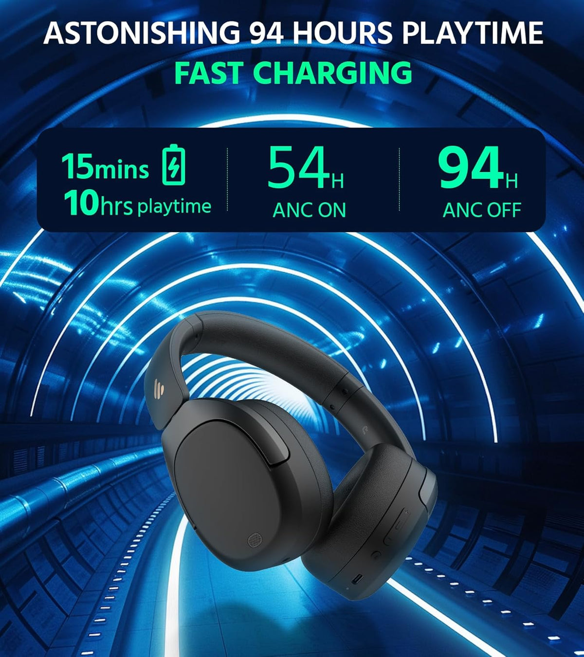 Edifier W830NB Wireless Over Ear Headphones with -45dB Active Noise Cancelling, 94H Playtime, LDAC Hi-Res Sound, Spatial Audio, Fast Charging, Multipoint Connection, Bluetooth V5.4 - Black