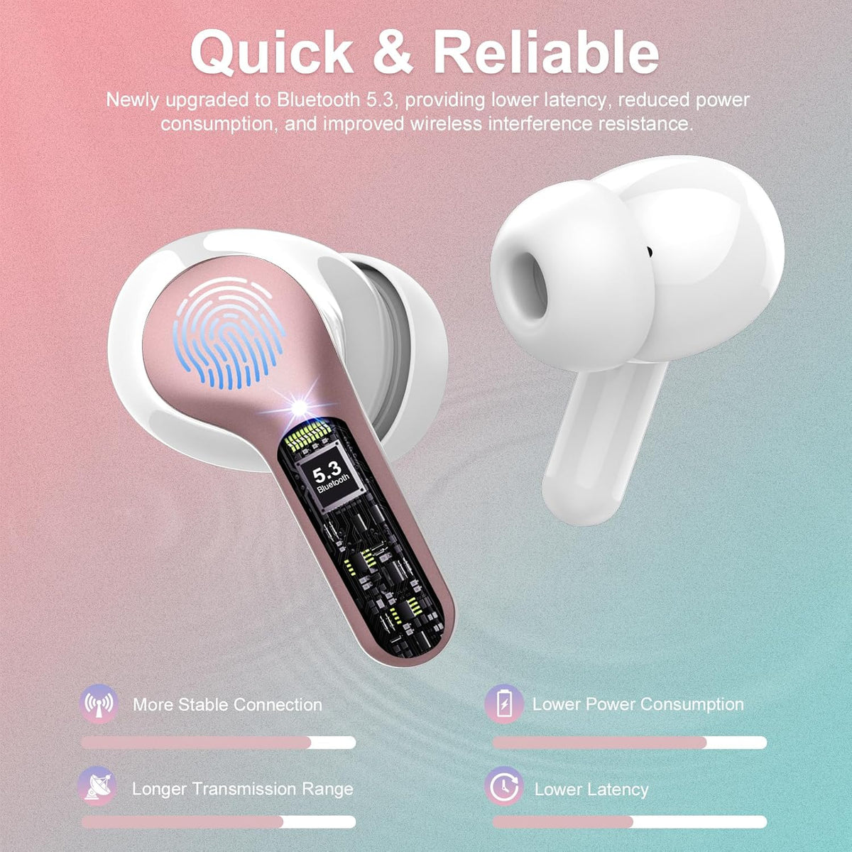 Wireless Earbuds, Bluetooth 5.4 Headphones HiFi Stereo, Bluetooth Earbuds with ENC Noise Cancelling Mic, IP7 Waterproof in Ear Earphones, 48H, LED Display Ear Buds for Pad Workout Sports, Rose Gold