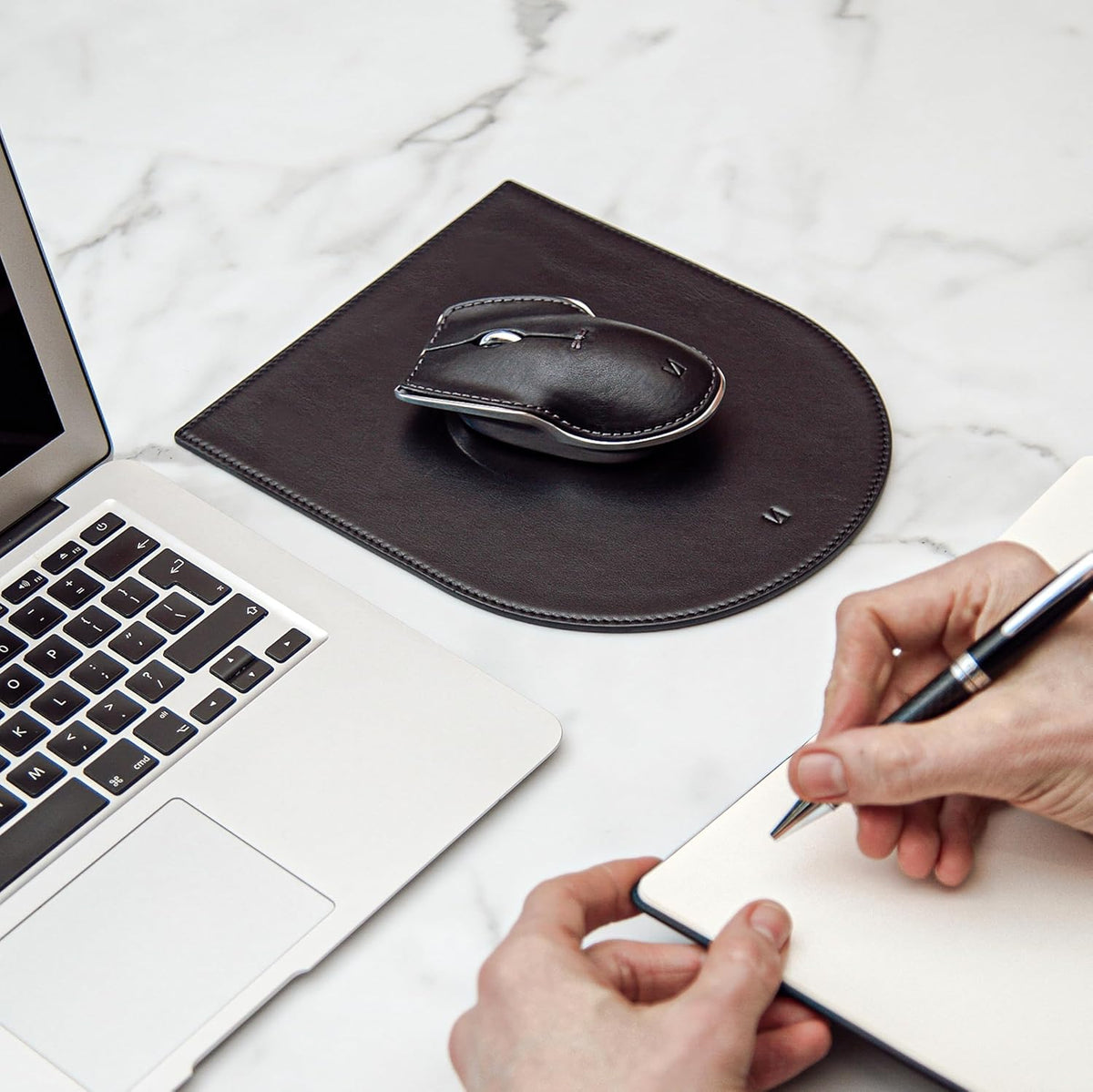 LUNAR ARTEFACTS Ambidextrous Rechargeable Bluetooth Wireless Computer Mouse Black French Leather and Aluminum, Qi Enabled USB-C