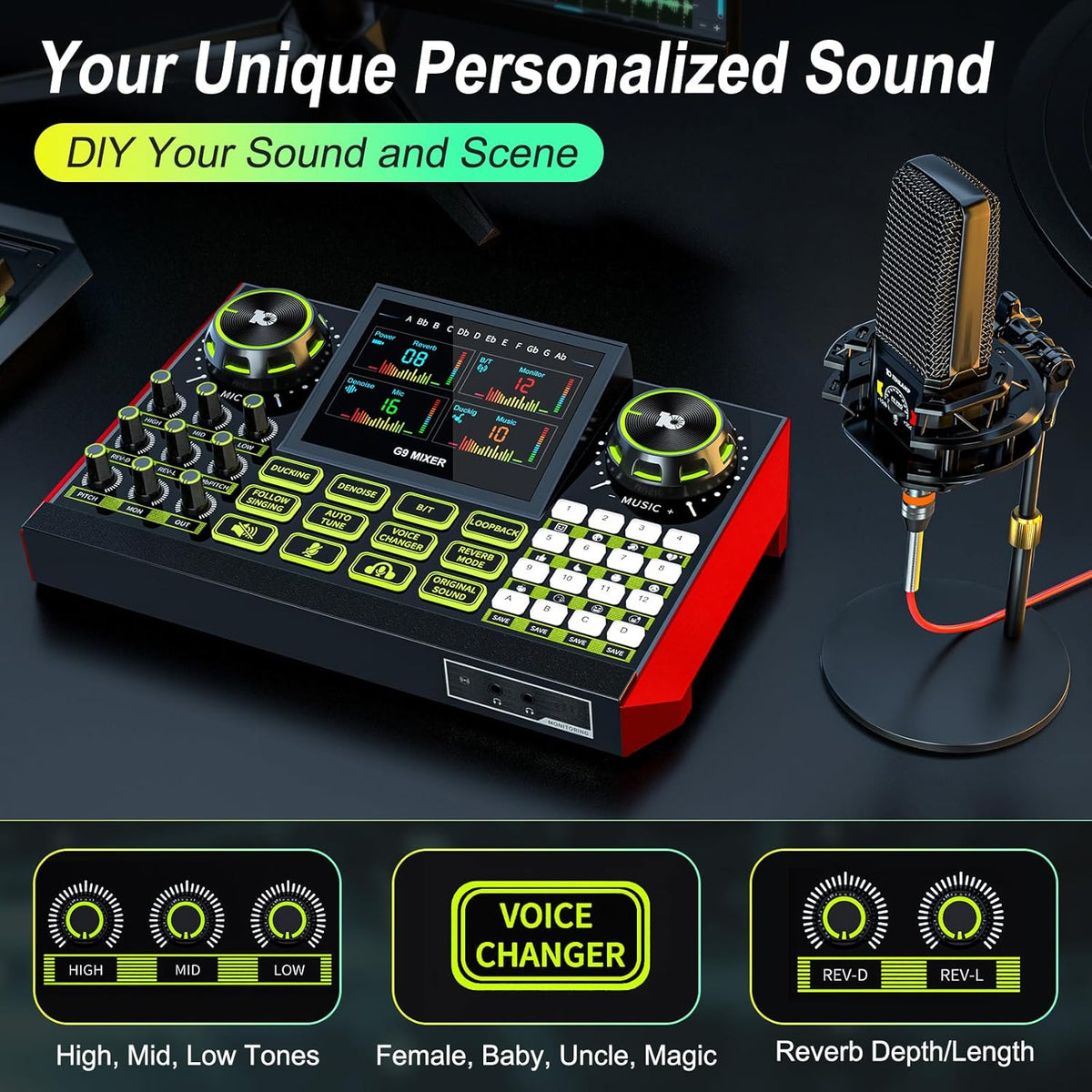 Podcast Microphone Bundle with Live Sound Card Audio Mixer, Podcast Equipment Bundle with 3.5mm Condenser Microphone for Pc/Phone Live Streaming Singing Gaming, Sound Board with Voice Changer, Denoise