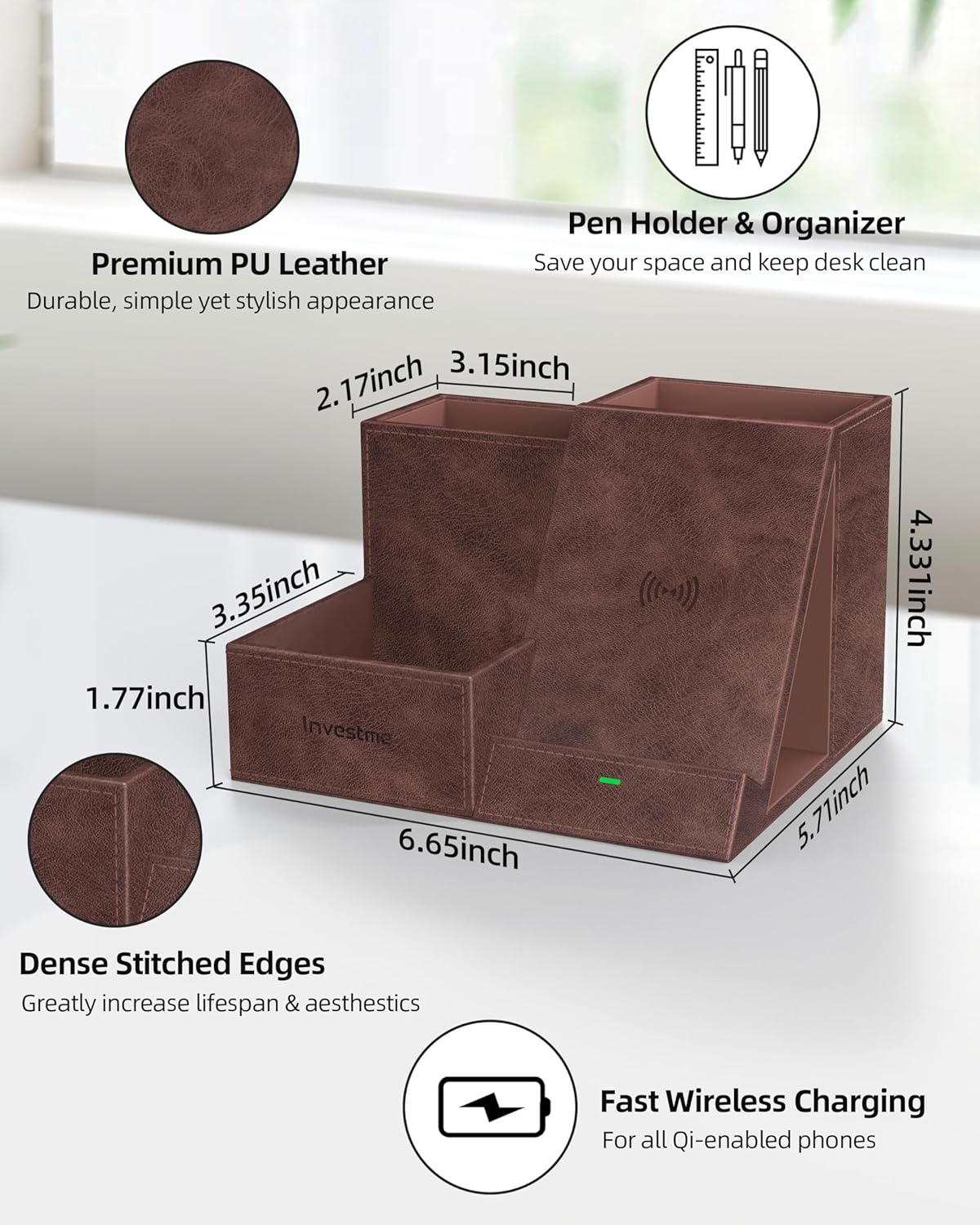 Wireless Charger with Desk Organizer, Pen Pencil Holder, Multifunctional Desktop Organizer, Office Supplies and Desk Accessories Organizer with 3 Compartments and 1 Phone Stand, Dark Brown