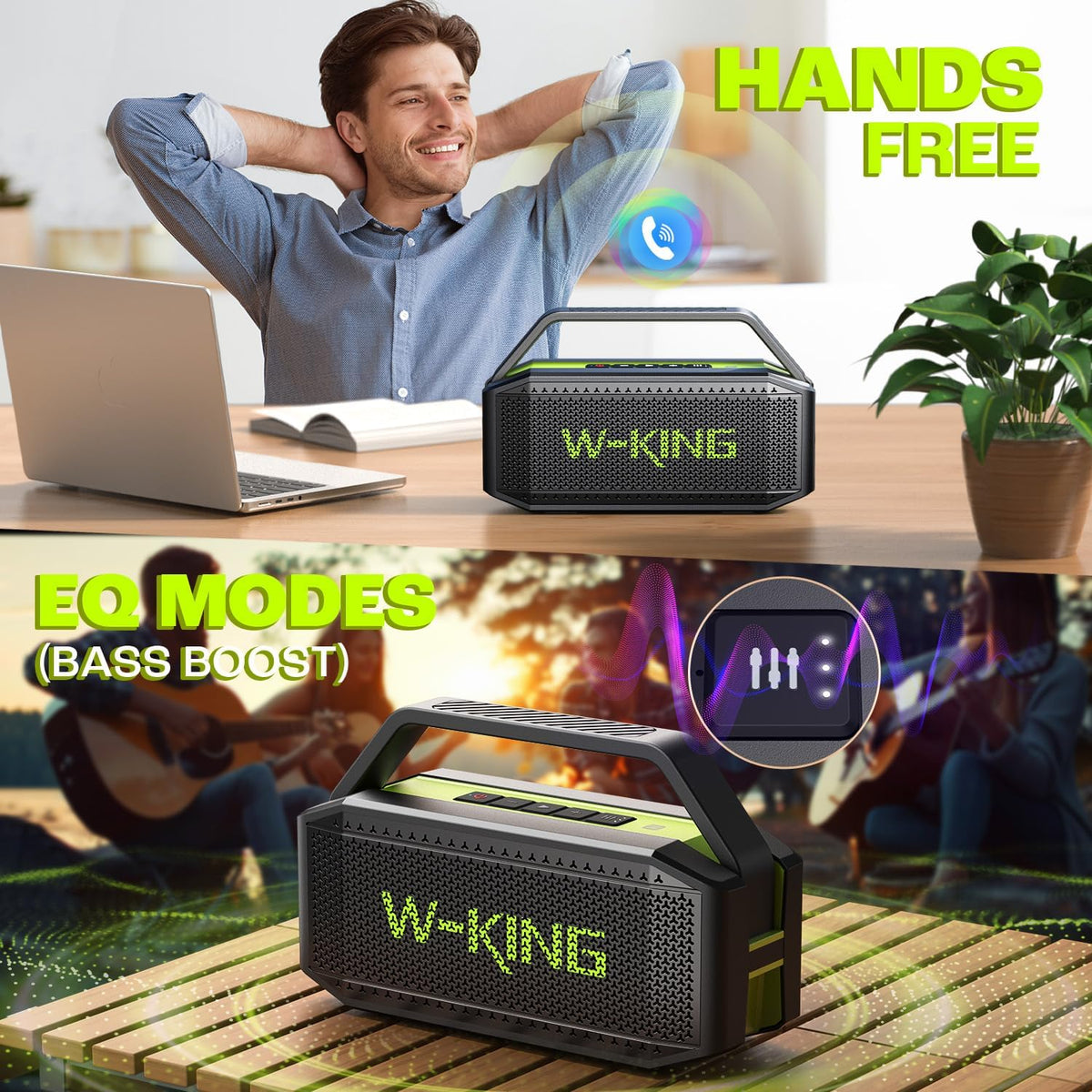 W-KING Portable Loud Bluetooth Speaker Wireless, 100W Max IPX6 Waterproof Outdoor Speaker Subwoofer, 60W Exlarge Passive Radiator- All-Round Rich Bass/40H/EQ/PowerBank/TF/AUX, Party Big Large Boombox