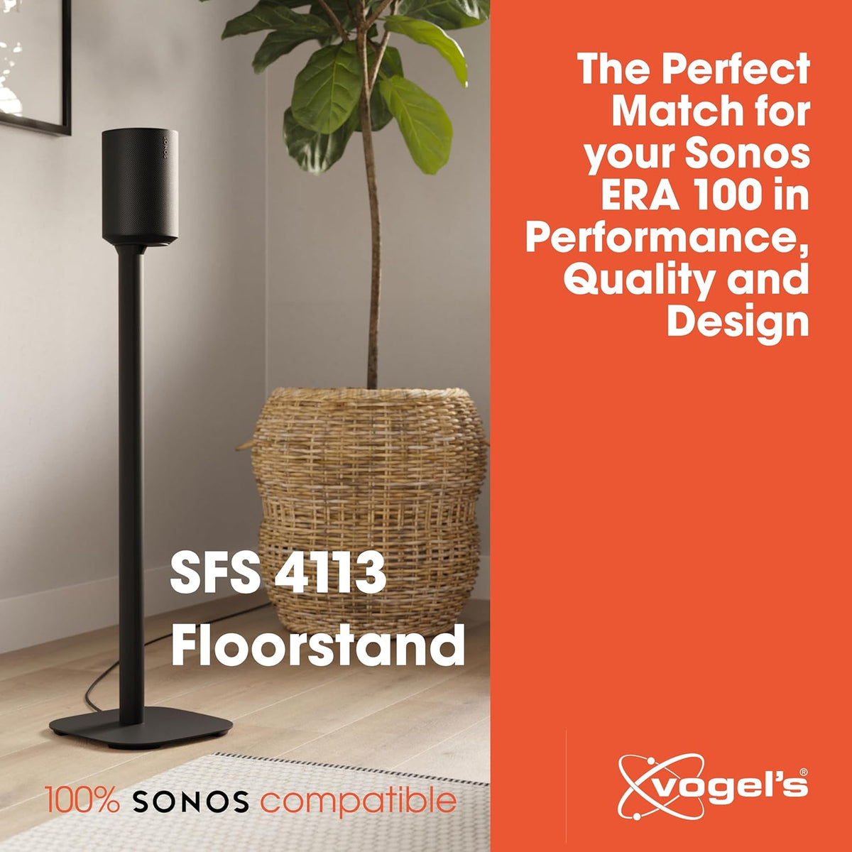 Vogel's SFS 4113 Speaker Floor Stand for Sonos ERA 100, Cable Inlay System, Height: 32,3 inch (82 cm), Exceptionally Stable, Black, 1 Floor Stand