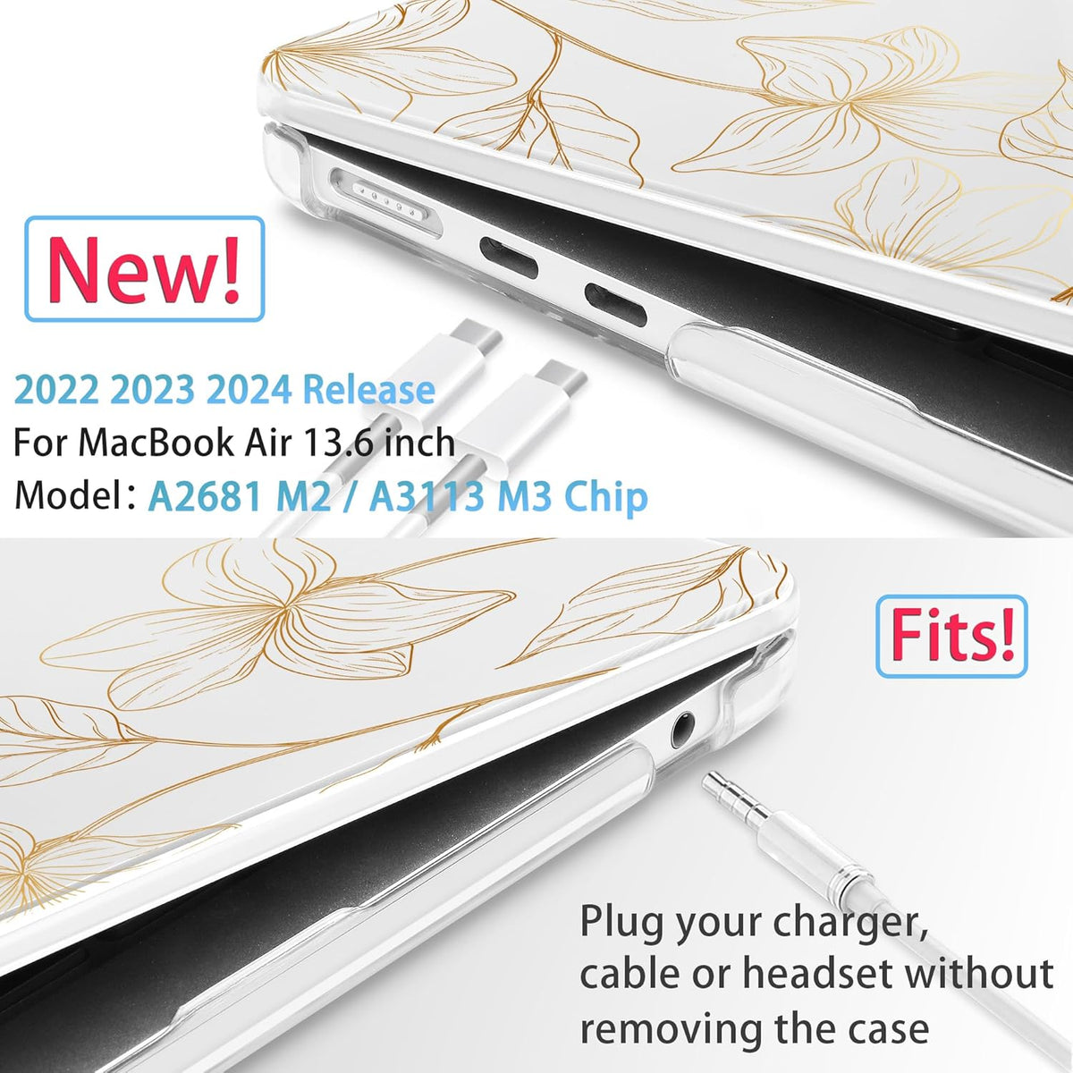 Mektron for 2025 M4 MacBook Air 13.6 Inch A3240 Case Fits 2023 A2681 M2 2024 A3113 M3 Chip with Liquid Retina Display Touch ID, Printed Plastic Hard Shell Cover for MacBook Air 13.6", Gold Flower S718