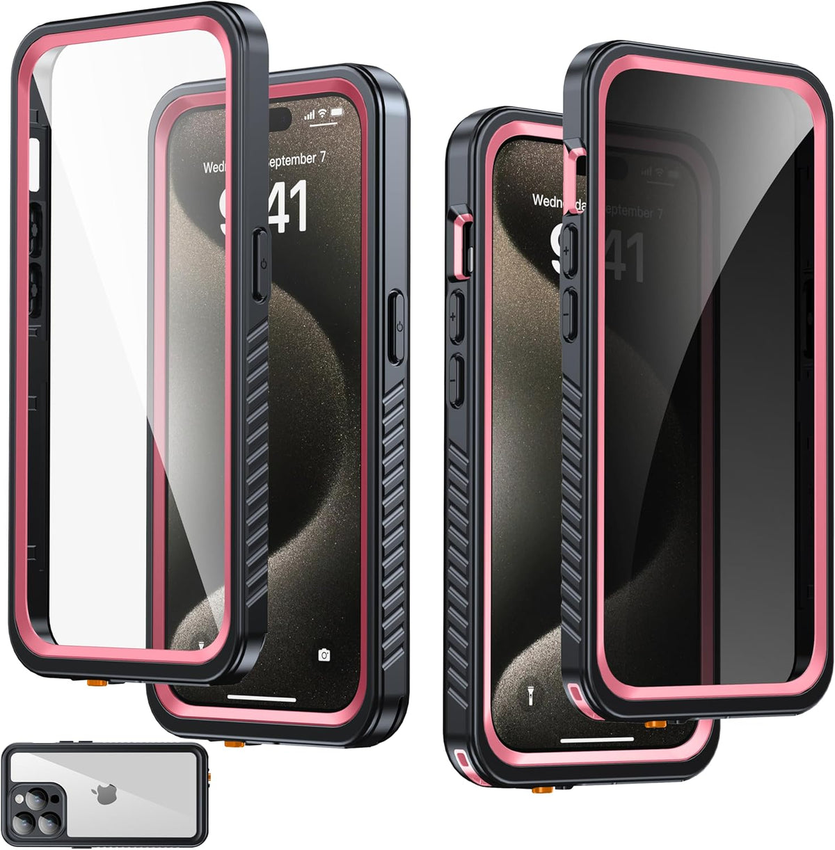for iPhone 15 Pro Case Waterproof, Built-in Privacy Screen & HD Screen Double Front Frame [IP68 Underwater] Shockproof Dustproof Full Body Protection iPhone 15 Pro Phone Case Pink