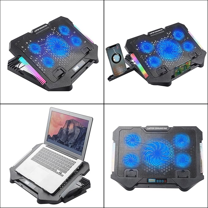Gaming Laptop Cooling Pad Stand External Fan with 2 USB Port Phone Holder Quiet Cooling Fans